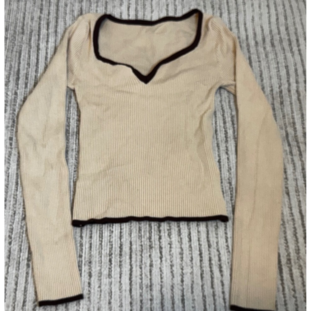 SHEIN Womens Cream Ribbed Long Sleeve Sweetheart Neck Top Brown Trim Small